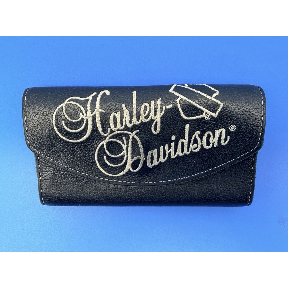 Harley Davidson Genuine Leather Organizer Wallet Embroidered Made in USA Black